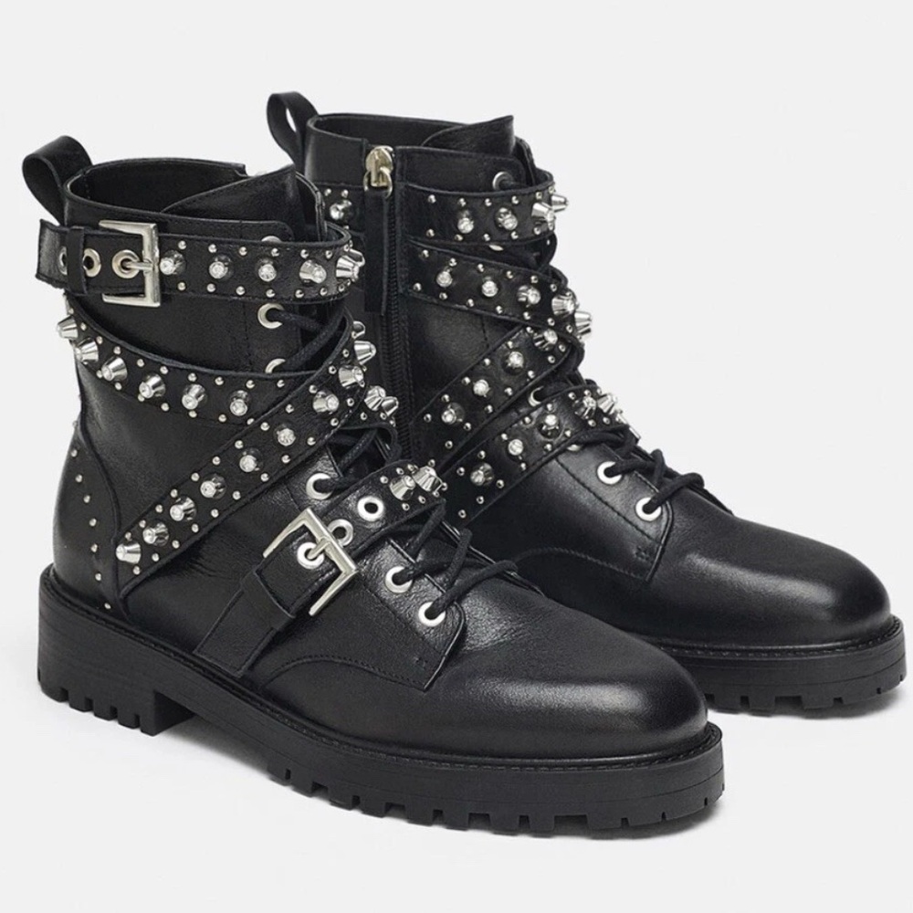 Women’s Zara Black Leather Rhinestone Silver Studded Ankle Boots Zip Tie Sz 7